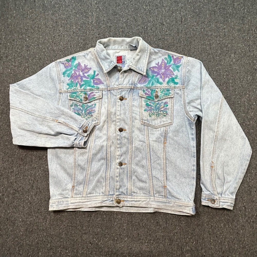 Sun Belt Denim Jacket M Womens Light Blue Boho Hand Painted Floral Art to Wear